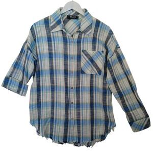 Blue B Collection Plaid Button Down Shirt Womens Size M Distressed Frayed Hem